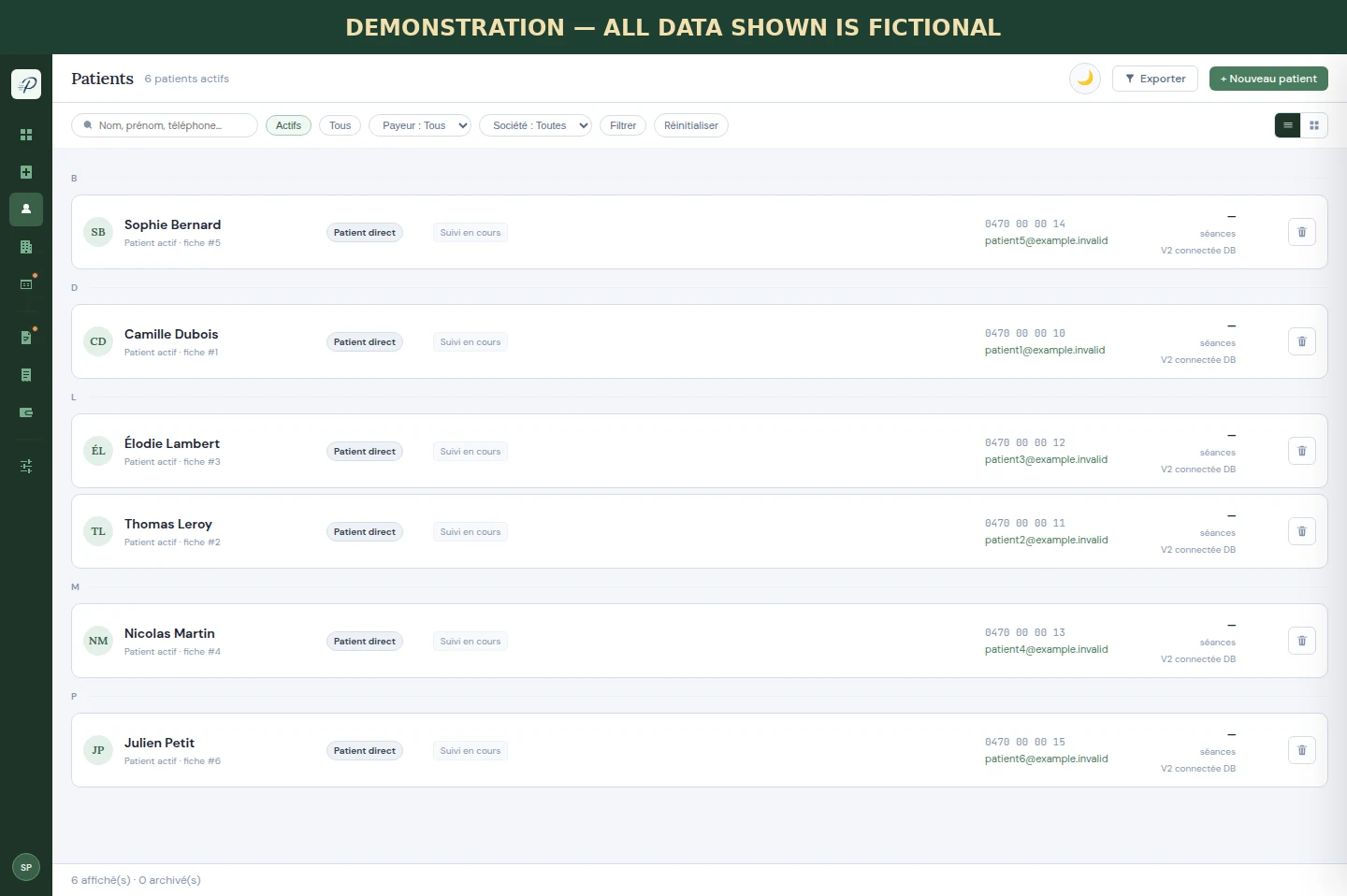 Practimium demonstration patient-record list showing fictional data