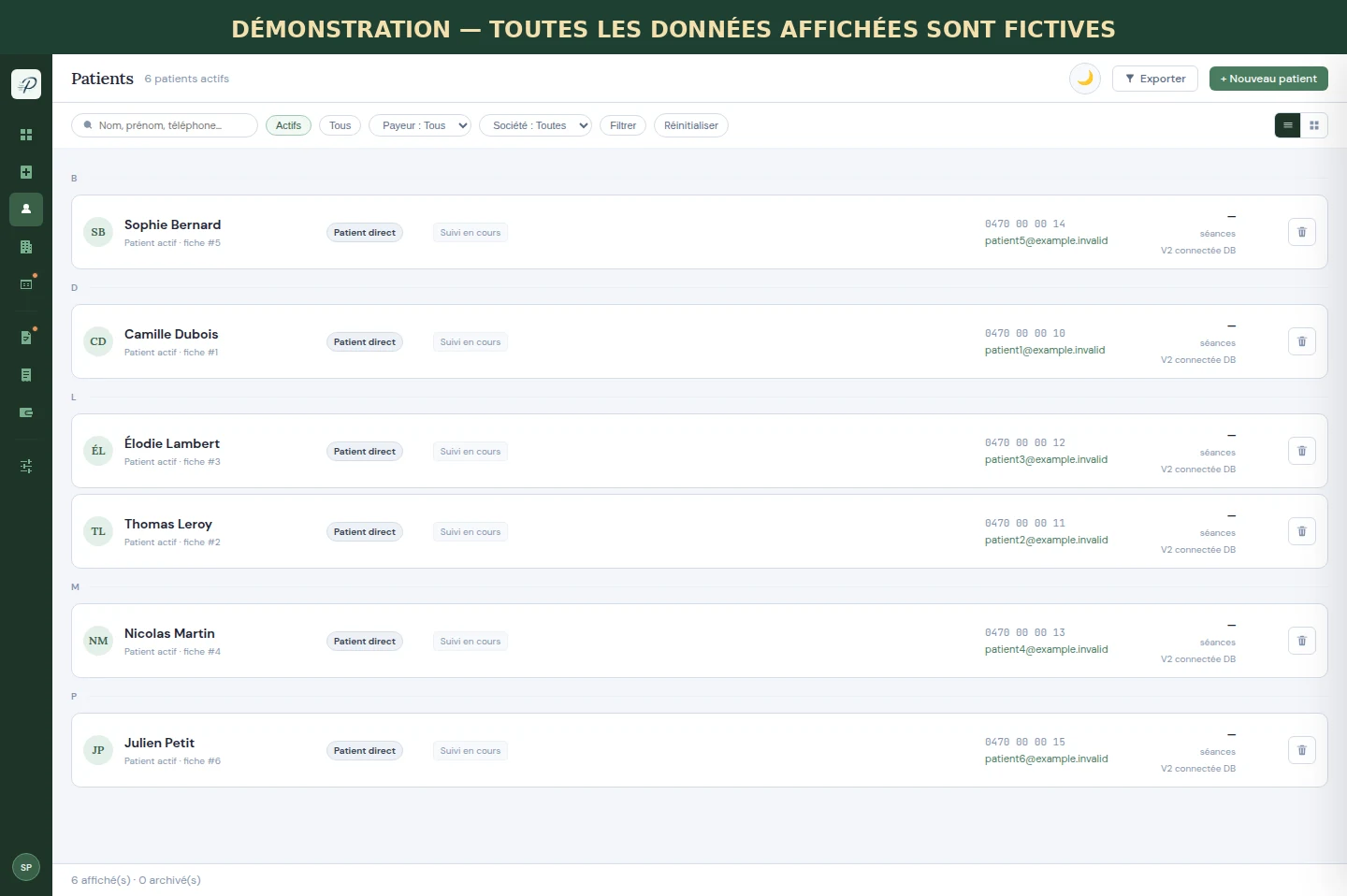 Liste de dossiers patients de démonstration dans Practimium avec des données fictives