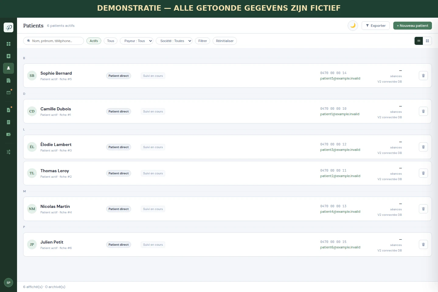 Demonstratielijst met patiëntendossiers in Practimium met fictieve gegevens